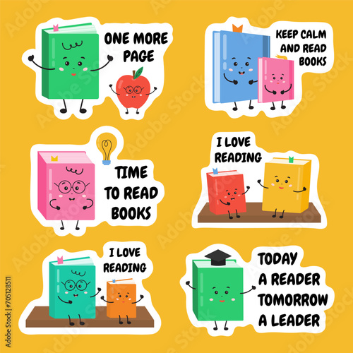 Set of stickers about books, readers, literature with cute books characters. For Reading lessons, libraries, motivation for kids, children to learn and read books. Literature hobby collection.