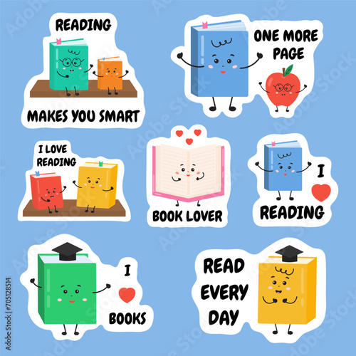 Set of stickers with reading, book lover quotes. Reading activity for kids, schoolers motivation. I love read, read every day. Literature hobby collection for book lovers, readers for scrapbooking.