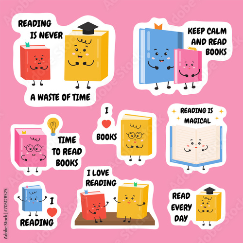 Set of motivational stickers, quotes about reading books. For Reading lessons, libraries, learning activities for kids. Literature hobby, motivation collection for book lovers, readers, daily journal.