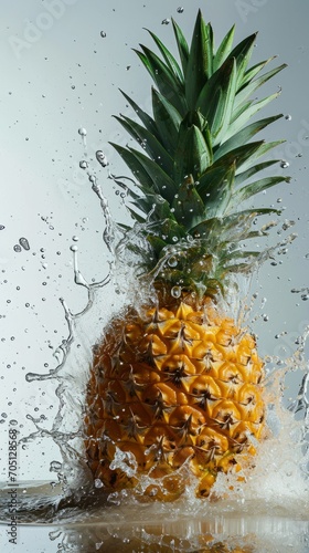 Pineapple Splashing Into Water, Refreshing Fruit Dive in Blue Background