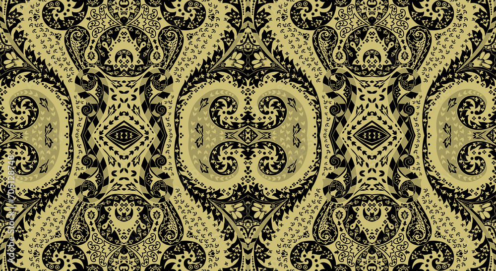 patchwork floral pattern with paisley and indian flower motifs. damask style pattern for textil and decoration. Digital seamless pattern block print batik textile design illustration Ajrakh.