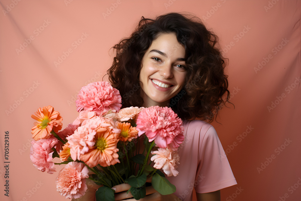 Woman with bouquet on peach fuzz background