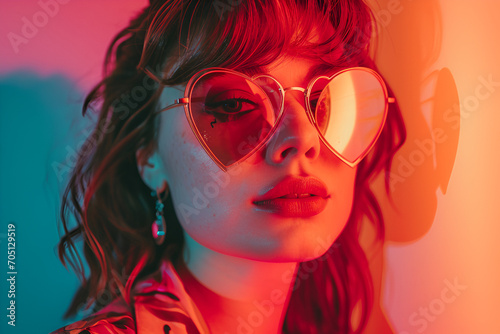 Portrait of a woman with heart shaped glasses with pink light photo