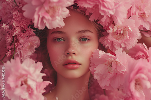 Portrait of a girl with pink flowers photo