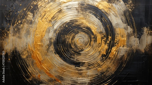 Generative AI, Black and golden painted colors, circle shapes vintage painting background. Grunge old oil impasto painted wall texture 