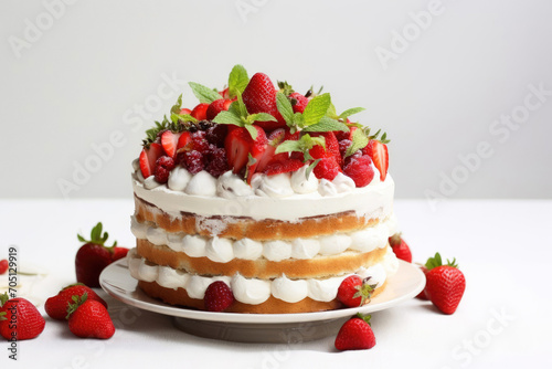 Classical English Victoria sponge cake. Layered cake with buttercream frosting, jam and strawberries on white background