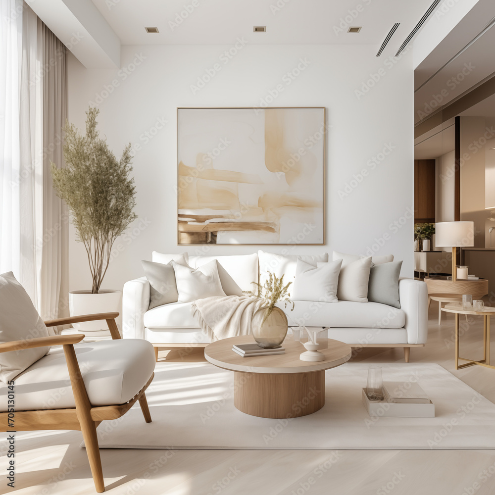 White sofa and armchairs in Scandinavian style home interior design of modern luxury living room at apartment White sofa and armchairs in Scandinavian style home interior design of modern luxury living room at apartment