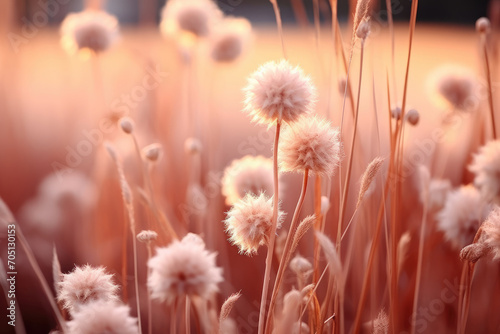 a field of white flowers with the sun shining in the background.   Peach fuzz Wild grass and flower at sunset sky. Sunny summer or autumn nature backdrop. for nature-themed designs,  © Planetz
