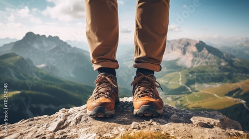 Adventure awaits: hiker's boots in majestic mountain landscape
