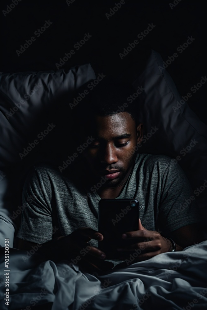 black man using his smart phone in bed