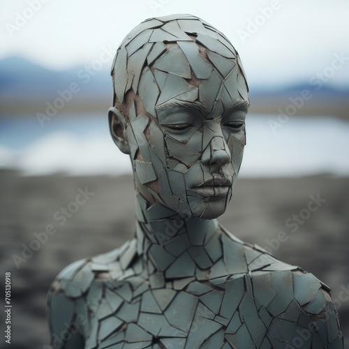 A surreal abstract portrait of a person with a cracked outer shell possibly depicting mental health issues.