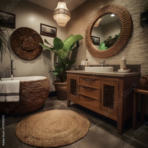 Bathroom A Bali-themed bathroom can have natural stone or wood finishes, a large tropical plant, and a woven natural rug. Decor can include a rattan or bamboo mirror, a shell or starfish wall art,
