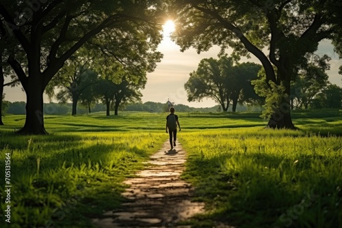 A serene shot of a person strolling along a peaceful path in a beautiful green meadow, enjoying the tranquility of nature