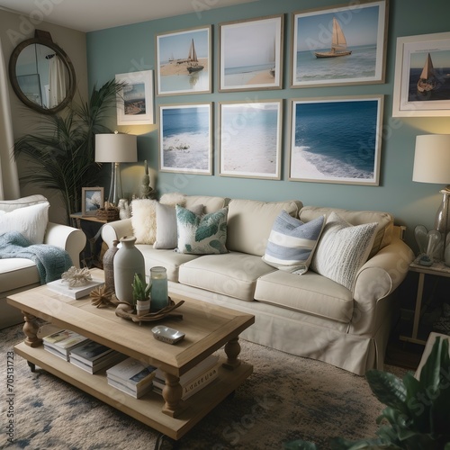 Coastal Theme A living room that features a coastal theme with beachy decor, soft blues, and sandy neutrals. Think of a slipcovered sofa, a seashell chandelier, and a gallery wall of ocean-inspired
