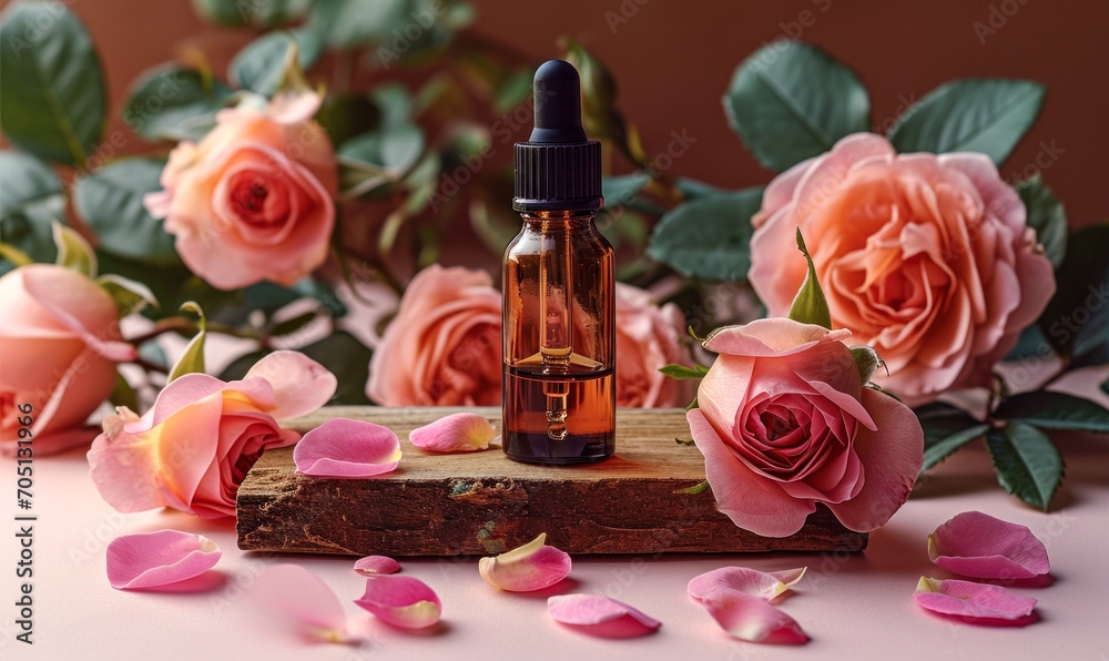 Elegant rose essential oil in amber glass dropper bottle on wooden block, surrounded by soft pink rose petals and leaves on a pastel background Elegant rose essential oil in amber glass dropper bottle on wooden block, surrounded by soft pink rose petals and leaves on a pastel background