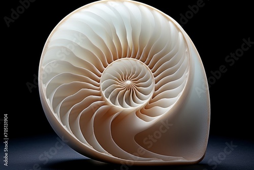 Photo of a spiral seashell, highlighting its curves. Generative AI