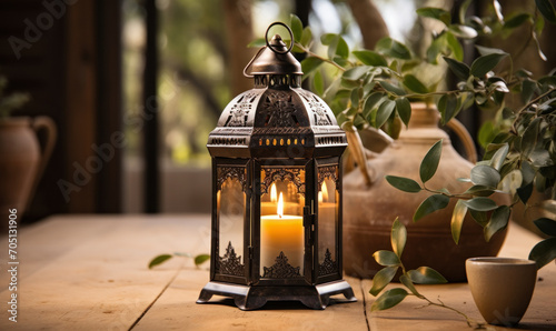 Single intricate Moroccan lantern on a rustic table with olive branches, creating a tranquil and traditional ambiance in a muted setting