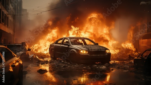Burning car in the city during the fire of a car