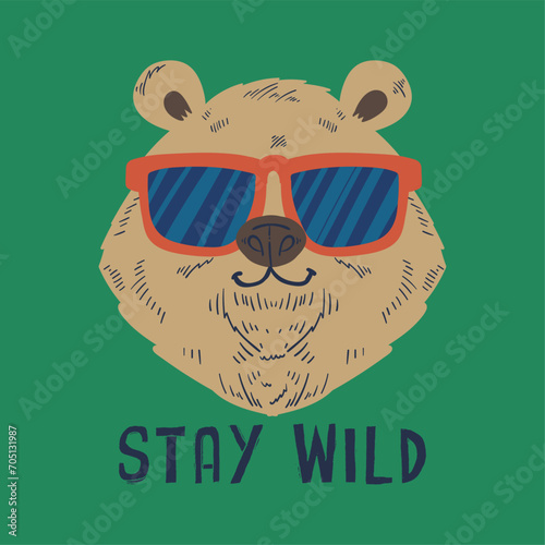 cool bear head drawing with sunglasses as vector