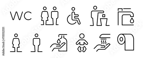 Toilet line icon set. WC sign. Man, woman, shower, mother with baby, handicap symbol. Restroom for male, female, disabled pictograms photo