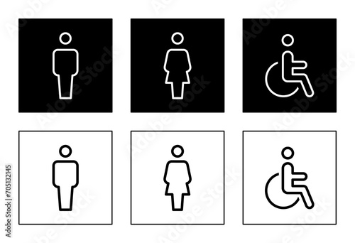 male and female toilet symbols. disabled icon. gender icon. restroom pictogram. public signage
