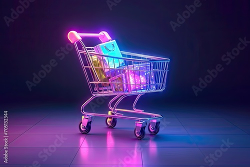 Modern shopping essentials. Neon shopping cart symbolizing e commerce consumerism and digital retail perfect for representing future of online business