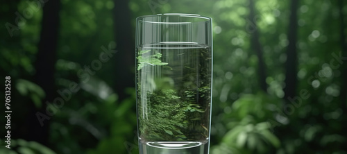 fresh clear mineral water in a glass with forest background 12