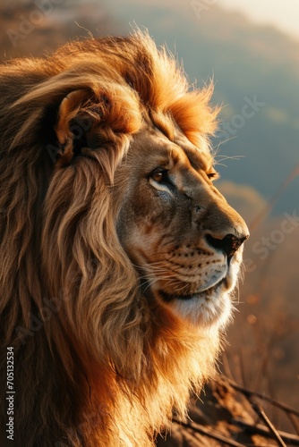 a lion with a sunset background  in the style of photorealistic detail  rim light  iconic