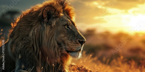 a lion with sunset sun coming down on him