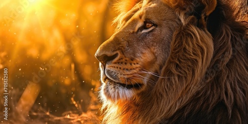 a lion with a sunset background  in the style of photorealistic detail  rim light  iconic