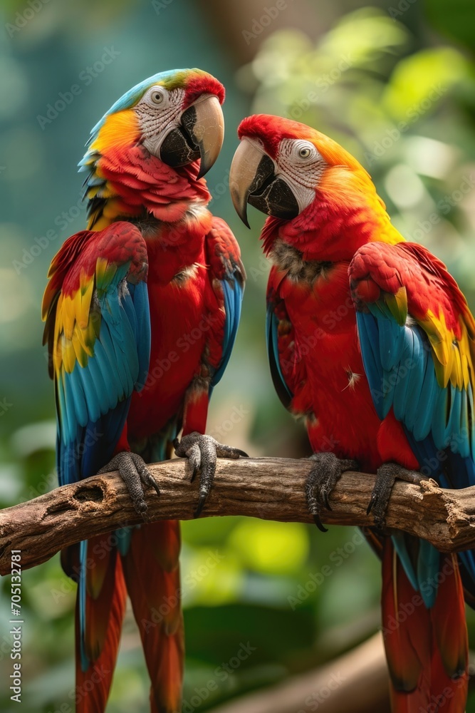 two red and green macaws sitting on a branch