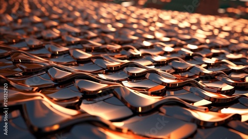 A metallic roof tile field viewed in perspective.Generative AI