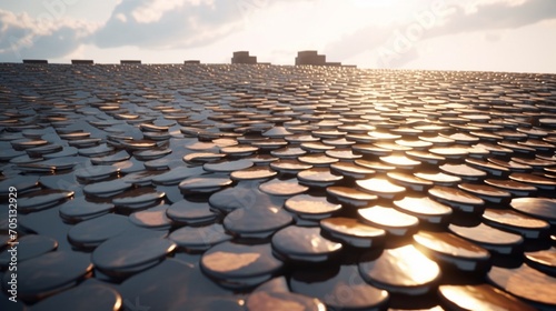 A metallic roof tile field viewed in perspective.Generative AI