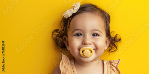 Smiling latino baby girl with pacifier portrait on flat yellow background with copy space. Banner template with infant child smile. photo