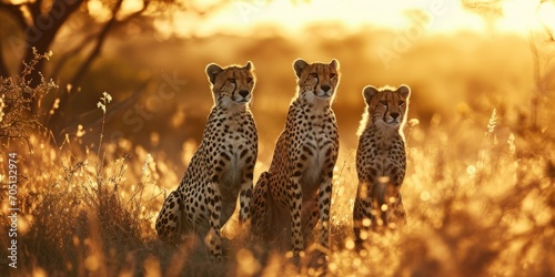 three cheetahs standing in the grass at sunset, in the style of romantic landscapes photo