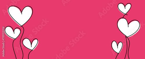 Light air balloon hearts, wavy line art drawing on pink background.