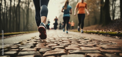 People in running shoes on a brick road photo