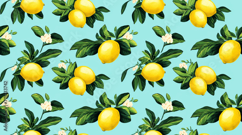 lemons and leaves pattern on a blue background