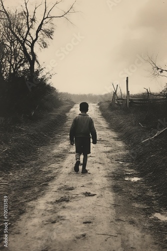 black and white  teenage schoolboy walking down a dirt road
