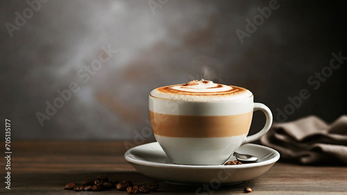 top view of Cup of cappuccino on the table, gray and brown background, copy space