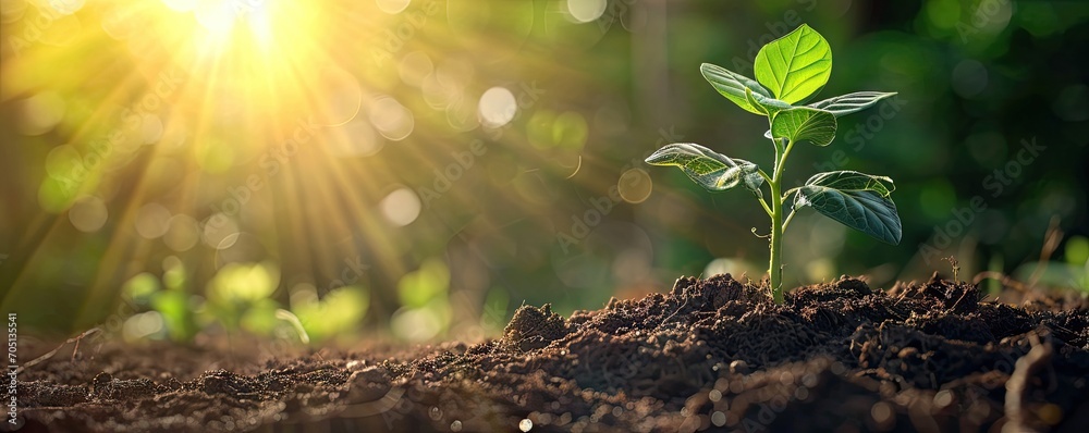Sustainable beginnings. Close up of small green seedling growing in fertile soil representing concept of eco friendly business and environmental development Sustainable beginnings. Close up of small green seedling growing in fertile soil representing concept of eco friendly business and environmental development