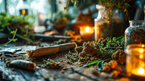 Roll your own cannabis cigarette, medicinal marijuana. A stock photo illustrating the natural elements and therapeutic aspects of cannabis use photo