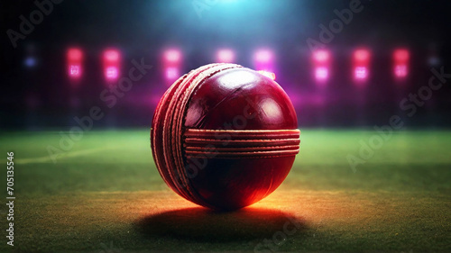 cricket ball in textured cricket game field with neon fog - center, midfield photo