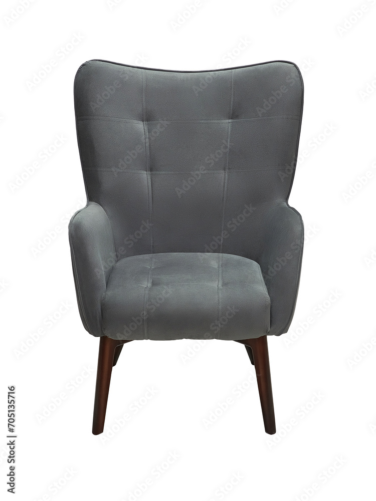 Fototapeta premium modern gray fabric armchair with wooden legs isolated on white background, front view