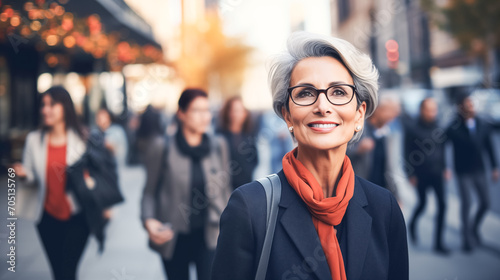 Modern adult woman with gray hair, glasses in office suit against background of moving people. Portrait business woman