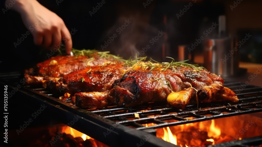 Roast lamb with rosemary and spices on barbecue grill in restaurant Roast lamb with rosemary and spices on barbecue grill in restaurant