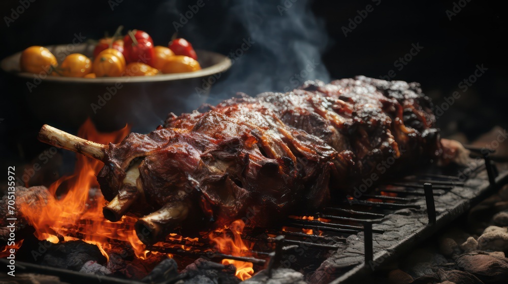 roasted lamb ribs on a barbecue grill with flames and cherry tomatoes roasted lamb ribs on a barbecue grill with flames and cherry tomatoes