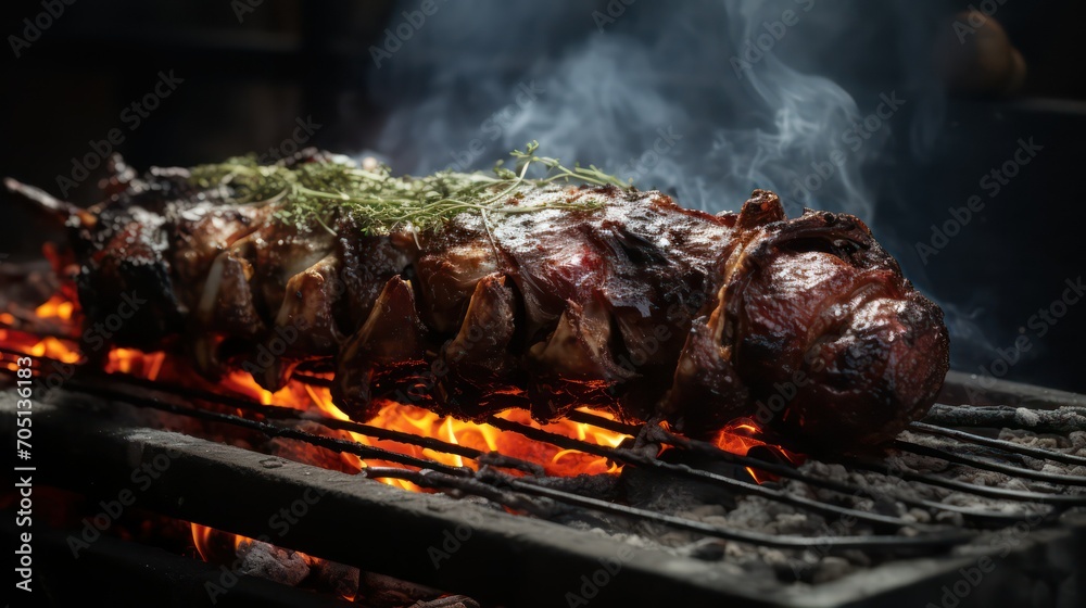 roasted lamb ribs on the grill with flames and smoke close-up