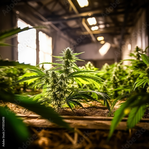 Cannabis bushes in greenhouse with special light, medical cannabis. A stock photo illustrating controlled growth for the production of medicinal marijuana.