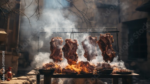 Grilled meat on a spit over the coals in the smoke photo